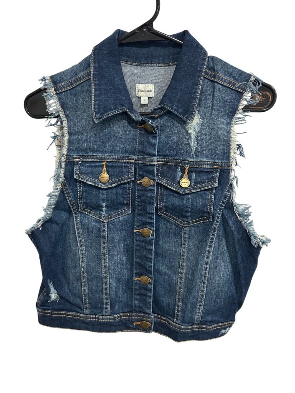 Sneak Peek Womens Distressed Denim Vest Frayed Sleeveless Button Front Size L